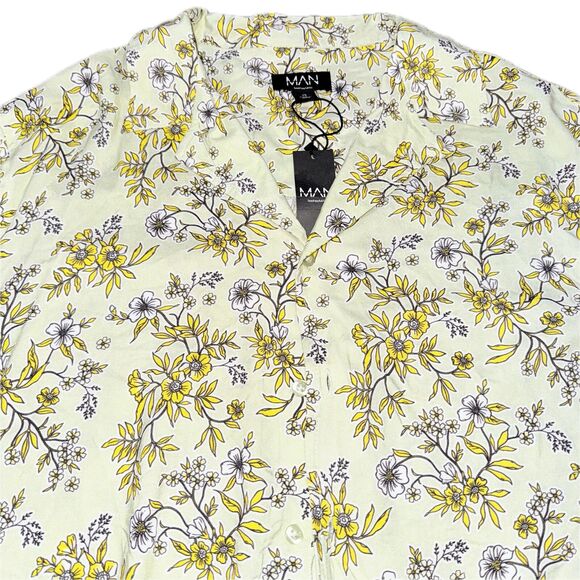 NWT Boohooman Light Green Floral Print Short Sleeve Button Down Shirt XS - Picture 3 of 4
